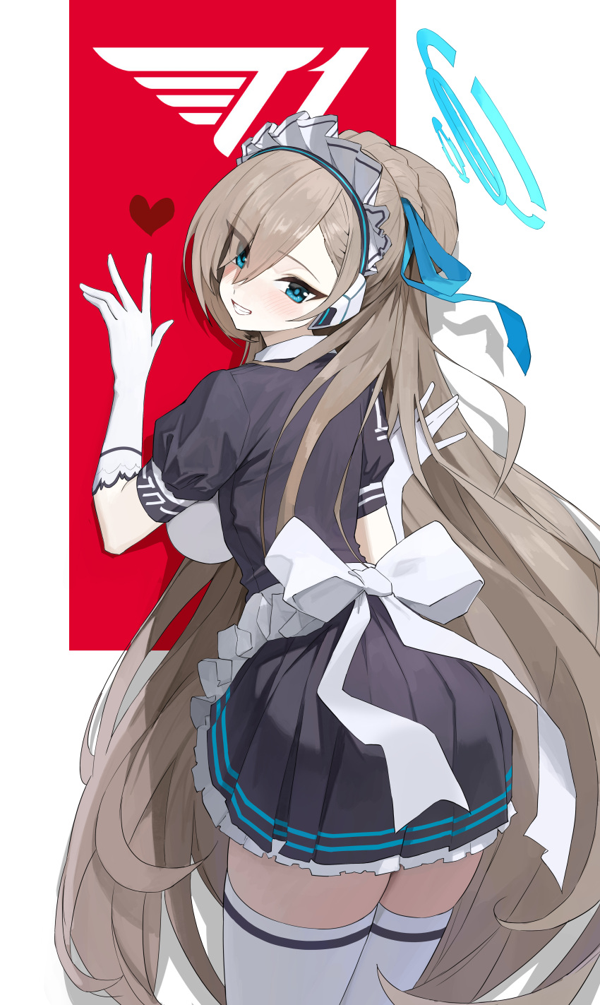 1-5iro 1girl absurdres apron asuna_(blue_archive) black_dress blue_archive blue_eyes blue_halo blue_ribbon blush cowboy_shot dress eyes_visible_through_hair frilled_dress frills from_behind gloves grin hair_over_one_eye hair_ribbon halo heart highres light_brown_hair long_hair looking_at_viewer looking_back maid maid_apron maid_headdress puffy_short_sleeves puffy_sleeves ribbon short_sleeves smile solo thighhighs very_long_hair waist_apron white_apron white_gloves white_thighhighs