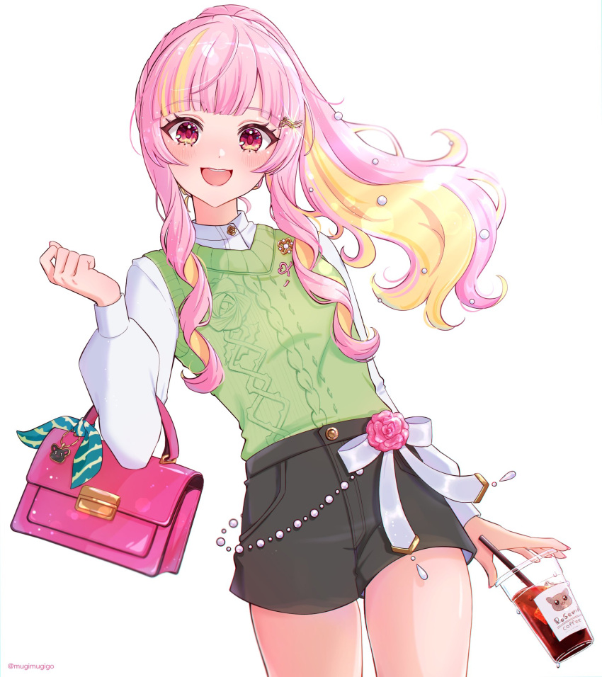 1girl black_shorts blonde_hair commentary drink green_sweater_vest highres holding holding_drink long_hair long_sleeves mugimugigo multicolored_hair nijisanji nijisanji_en pink_bag pink_hair red_eyes rosemi_lovelock rosemi_lovelock_(3rd_costume) shorts sidelocks simple_background solo streaked_hair sweater_vest white_background