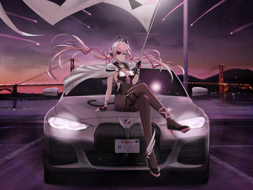 arm_support bmw bmw_ix bodystocking breasts california cleavage commission covered_navel crossed_legs eyepatch fingerless_gloves flag floating_hair full_body gloves golden_gate_bridge high_heels highres holding holding_flag indie_virtual_youtuber kcar66t long_hair medium_breasts meteor_shower mountainous_horizon parking_lot race_queen real_world_location second-party_source sitting_on_car sky star_(sky) starry_sky twilight twintails very_long_hair virtual_youtuber wind wind_lift