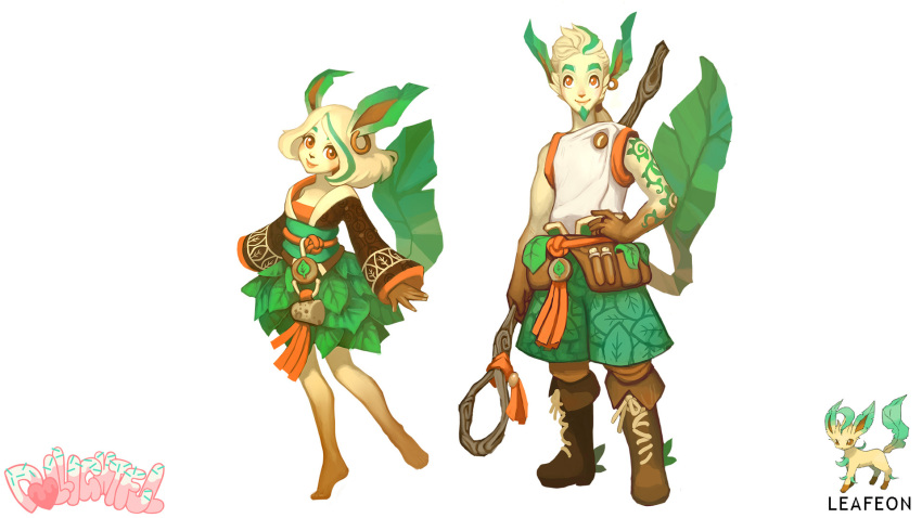 16:9 anthro arm_tattoo asian_clothing barefoot belt black_nose blonde_hair blush boots bottomwear clothing colored detailed dollightful dress duo ear_piercing ear_ring east_asian_clothing eeveelution eyebrows facial_hair fantasy feet female footwear fur fur_markings generation_4_pokemon girly gloves_(marking) green_hair hair hi_res highlights_(coloring) japanese_clothing kimono leaf_clothing leaf_tail leafeon leg_markings lips long_ears male markings nintendo orange_eyes piercing pokemon pokemon_(species) ring_piercing shaded shirt short_hair shorts skirt smile socks_(marking) staff tank_top tattoo topwear watermark widescreen yellow_body