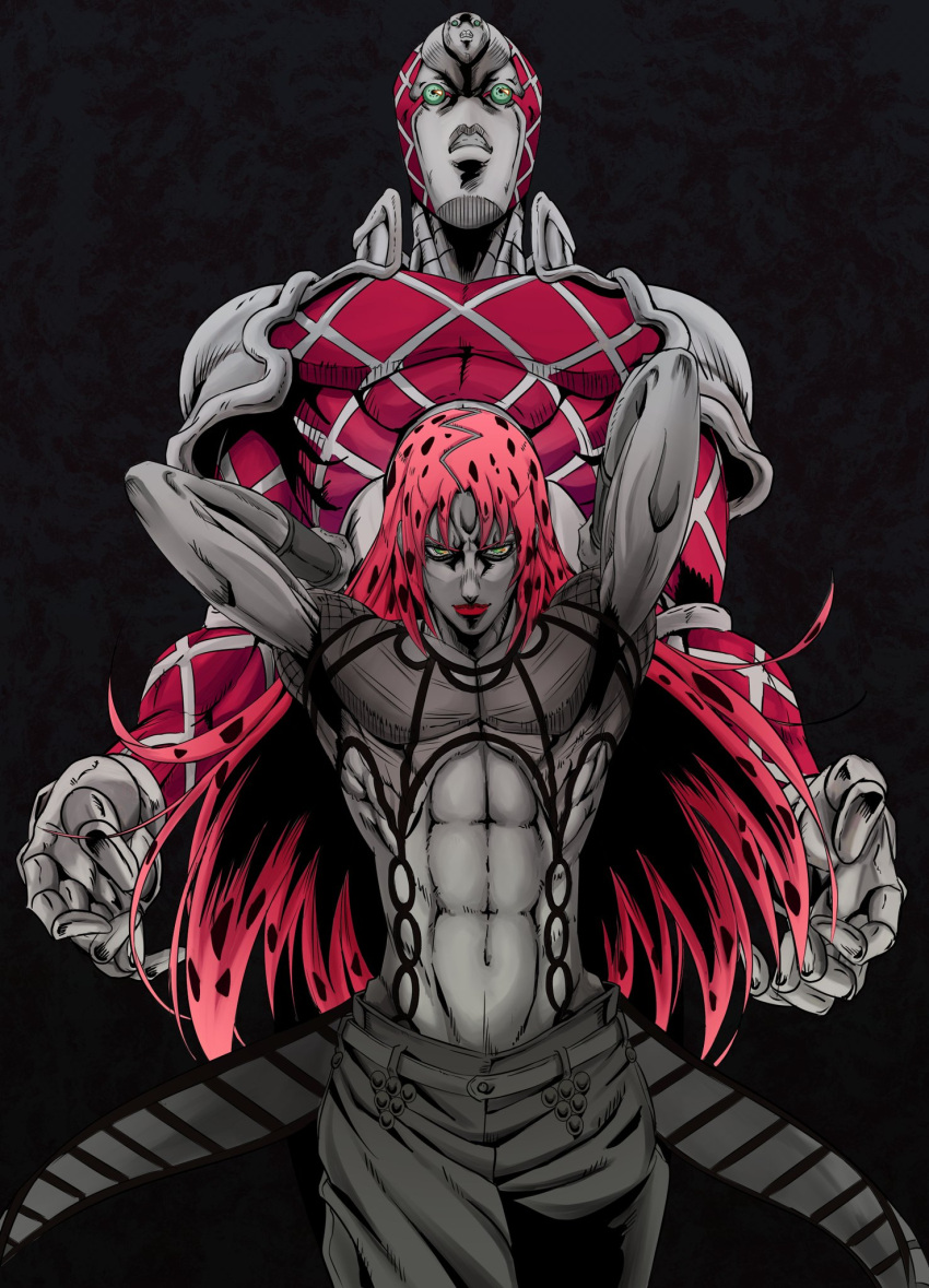 1boy 1other abs black_background commentary_request diavolo fishnet_top fishnets green_eyes highres ishimoto_shun'ichi jojo_no_kimyou_na_bouken king_crimson_(stand) long_hair male_focus navel pink_hair polka_dot_hair red_lips smile spot_color stand_(jojo) vento_aureo