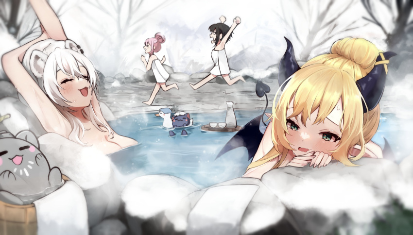 1girl 4girls absurdres animal_ears bathing blonde_hair breasts cleavage demon_girl demon_horns demon_tail demon_wings grey_hair hair_bun highres hololive horns large_breasts lion_ears lion_girl mashiro_io medium_hair multiple_girls nude onsen oozora_subaru pink_hair shishiro_botan single_hair_bun small_breasts ssrb_(shishiro_botan) subaru_duck tail virtual_youtuber wings winter yuzuki_choco