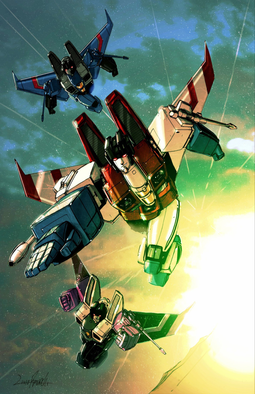 arm_cannon clenched_hand clenched_hands cloud commission decepticon english_commentary flying highres livioramondelli looking_at_viewer mecha no_humans orange_eyes robot science_fiction signature sky skywarp smirk starscream sunlight thundercracker transformers weapon western_comics_(style)