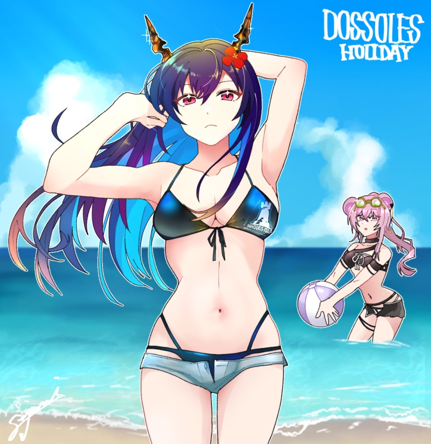 2girls animal_ears arknights armpits arms_up ball bare_arms bare_shoulders basashisenjumin beachball bikini black_bikini black_shorts blue_bikini blue_hair blue_sky ch'en_(arknights) ch'en_the_holungday_(arknights) cloud commentary_request cowboy_shot day dragon_horns eyewear_on_head flower grey_shorts hair_between_eyes hair_flower hair_ornament hands_in_hair holding holding_ball horns lin_(arknights) long_hair looking_at_viewer micro_shorts mouse_ears multiple_girls navel ocean open_fly pink_eyes pink_hair red_eyes red_flower short_shorts shorts simple_background sky standing stomach sunglasses swimsuit thigh_strap thighs very_long_hair wading water white_background