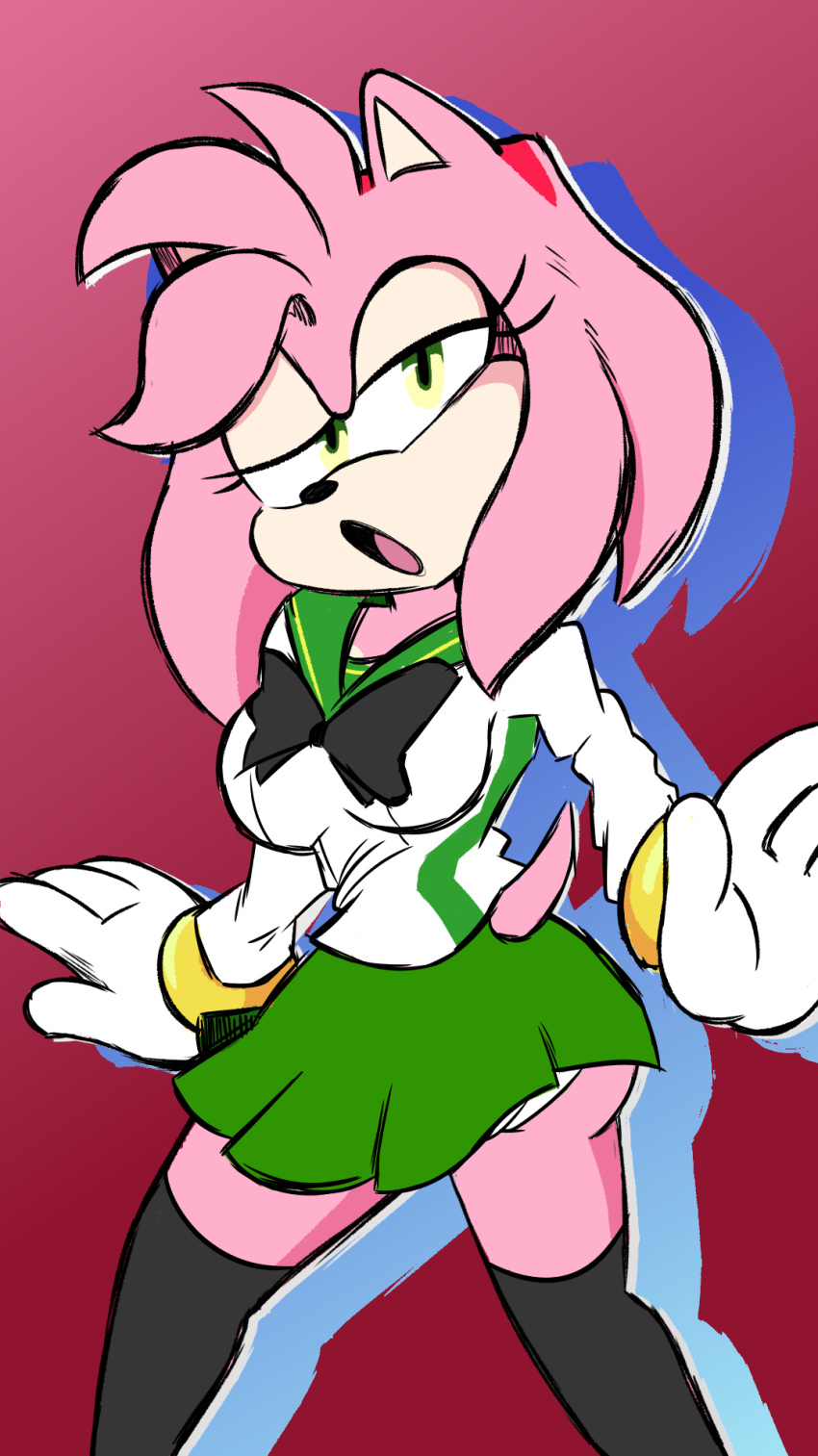 amy_rose anthro bottomwear bracelet butt clothing eulipotyphlan female gloves handwear hankerchief hedgehog hi_res jewelry legwear mammal panties school_uniform sega shirt skirt solo sonic_the_hedgehog_(series) thigh_highs topwear underwear uniform whitesexybunny1