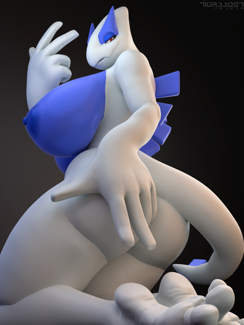 3_toes 3d_(artwork) 5_fingers absurd_res anthro areola avian bedroom_eyes big_areola big_breasts big_butt breasts butt digital_media_(artwork) feet female fingers generation_2_pokemon hand_on_butt hi_res huge_breasts humanoid_feet kneeling legendary_pokemon looking_at_viewer looking_back looking_back_at_viewer low-angle_view lugia narrowed_eyes nintendo nipples nude plantigrade pokemon pokemon_(species) rear_view reptilligator seductive simple_background soles thick_thighs toes wrinkled_feet