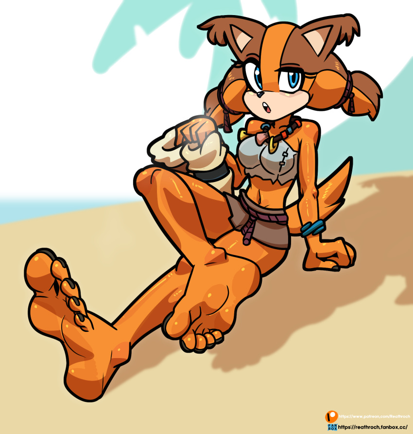 anthro badger barefoot blue_eyes feet female hi_res mammal mustelid musteline orange_body reathroch sega soles solo sonic_boom sonic_the_hedgehog_(series) sticks_the_jungle_badger toes