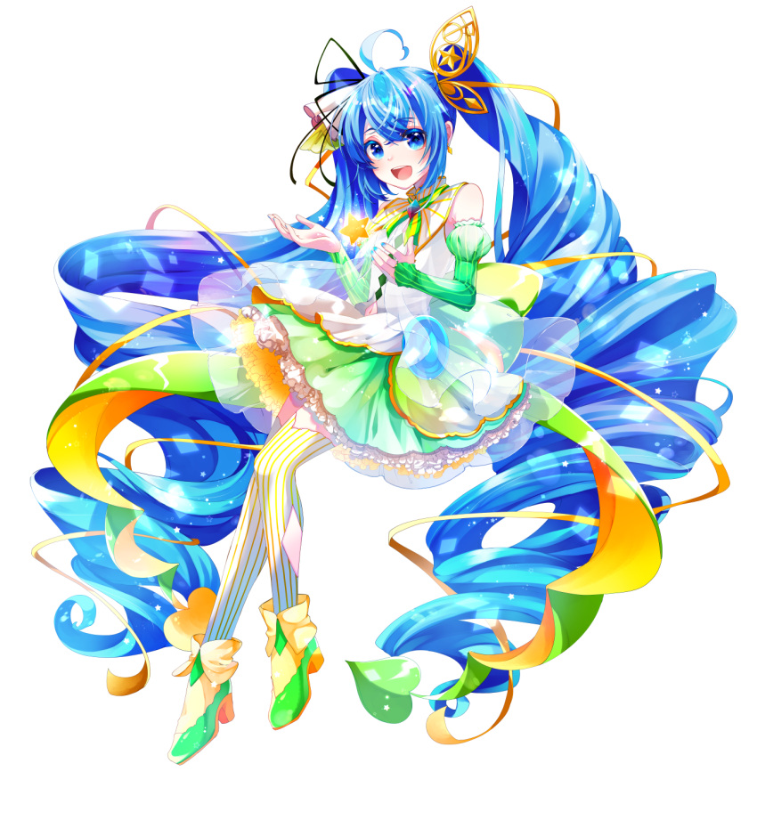 1girl :d absurdly_long_hair ahoge aqua_nails bare_shoulders blue_eyes blue_hair boots detached_sleeves dress frilled_dress frills hair_ribbon hands_up hatsune_miku heart heart_ahoge highres long_hair looking_at_viewer open_mouth ribbon shirayuki_towa smile solo star_(symbol) striped striped_thighhighs thighhighs twintails very_long_hair vocaloid white_background