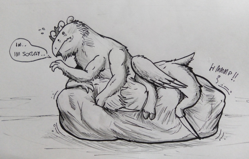 abdominal_bulge after_vore ambiguous_gender apologetic belly big_belly claws hi_res hooves multi_eye multi_leg multi_limb taur thatgryphonguy traditional_media_(artwork) unwilling_prey vore wings