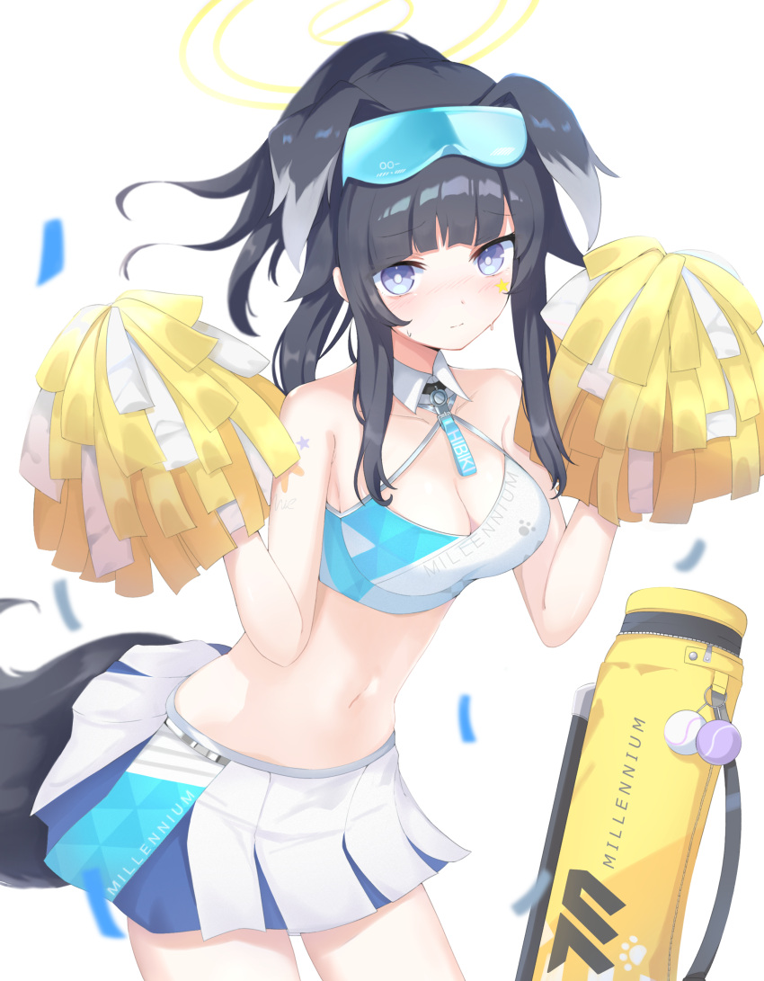 1girl absurdres animal_ears bag ball black_hair blue_archive blue_eyes blush breasts cheerleader choker cleavage confetti crop_top dog_ears dog_girl dog_tail eyewear_on_head halo halter_shirt halterneck hibiki_(blue_archive) hibiki_(cheer_squad)_(blue_archive) highres holding holding_pom_poms long_hair looking_at_viewer medium_breasts midriff navel o-ring o-ring_choker pleated_skirt pom_pom_(cheerleading) ponytail prst_pictuer skirt solo sweat tail tennis_ball