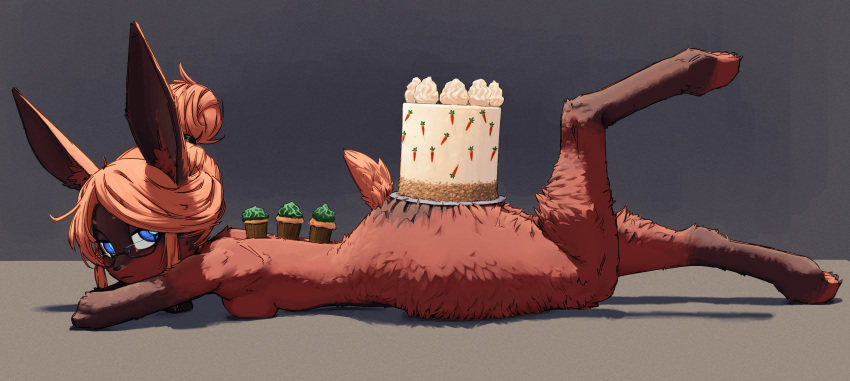 2023 absurd_res anthro big_butt biped blue_eyes breasts brown_body brown_fur brown_inner_ear butt cake cupcake dessert digital_drawing_(artwork) digital_media_(artwork) digitigrade eyewear female food fur glasses gloves_(marking) grey_background hair hi_res huge_butt lagomorph leg_markings leporid long_ears looking_at_viewer lying mammal markings multicolored_body multicolored_fur napalm_express nude on_front orange_ears orange_hair orange_tail rabbit short_tail side_view simple_background small_breasts socks_(marking) solo tail thick_thighs toeless_(marking) wide_hips