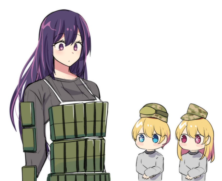 1boy 2girls apron crossed_arms era_bricks_(meme) highres hinghoi hoshino_ai_(oshi_no_ko) hoshino_aquamarine hoshino_ruby long_hair meme multiple_girls oshi_no_ko purple_eyes purple_hair reactive_armor star-shaped_pupils star_(symbol) star_in_eye sweater symbol-shaped_pupils symbol_in_eye upper_body