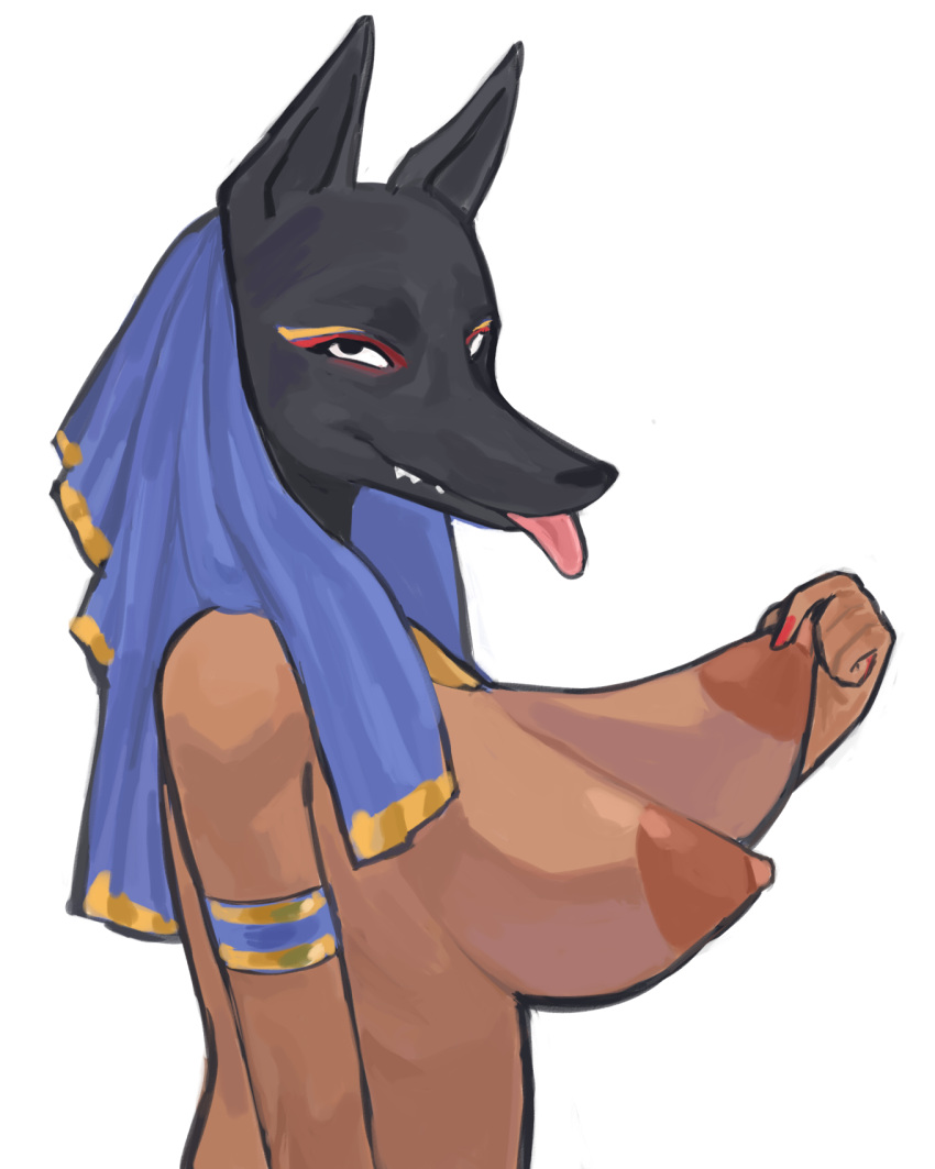 anthro anubian_jackal anubis areola big_breasts breasts canid canine canis deity egyptian_mythology female hi_res humanoid jackal looking_at_viewer mammal middle_eastern_mythology mythology nipple_fetish nipple_pinch nipple_play nipples nude pinch poivre_moulu solo tongue tongue_out