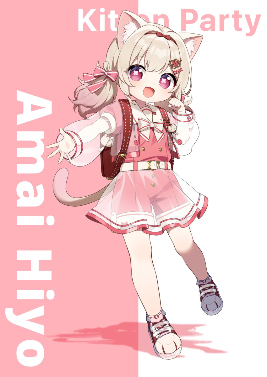 1girl alternate_costume amai_hiyo animal_ears belt cat_ears cat_tail character_name ekakibito full_body hair_ornament headband highres indie_virtual_youtuber light_brown_hair low_twintails medium_hair open_mouth paw_pose purple_eyes school_uniform shoes shorts solo standing tail twintails virtual_youtuber