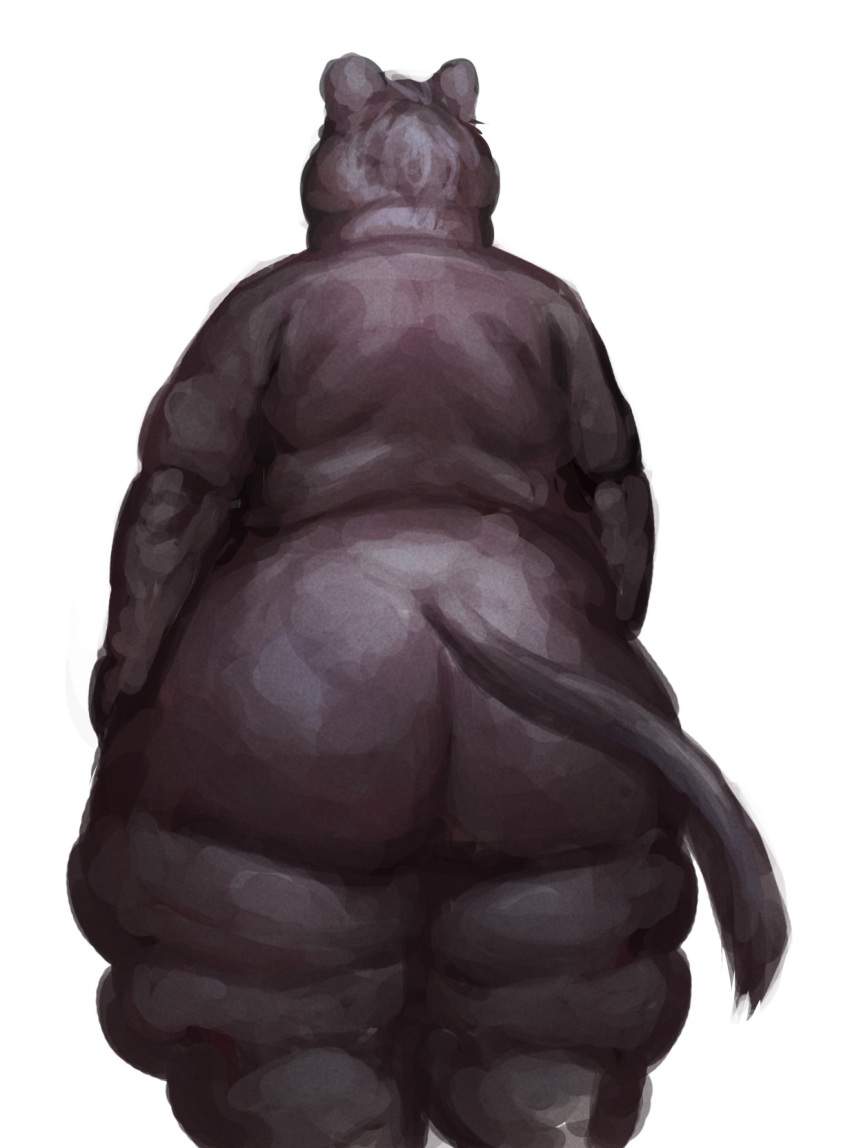 2023 anthro big_butt black_body black_fur black_hair butt cettus fat_rolls felid female fur hair hi_res mammal nude obese obese_anthro obese_female overweight overweight_anthro overweight_female pantherine rear_view serafina_(cettus) simple_background solo tail white_background