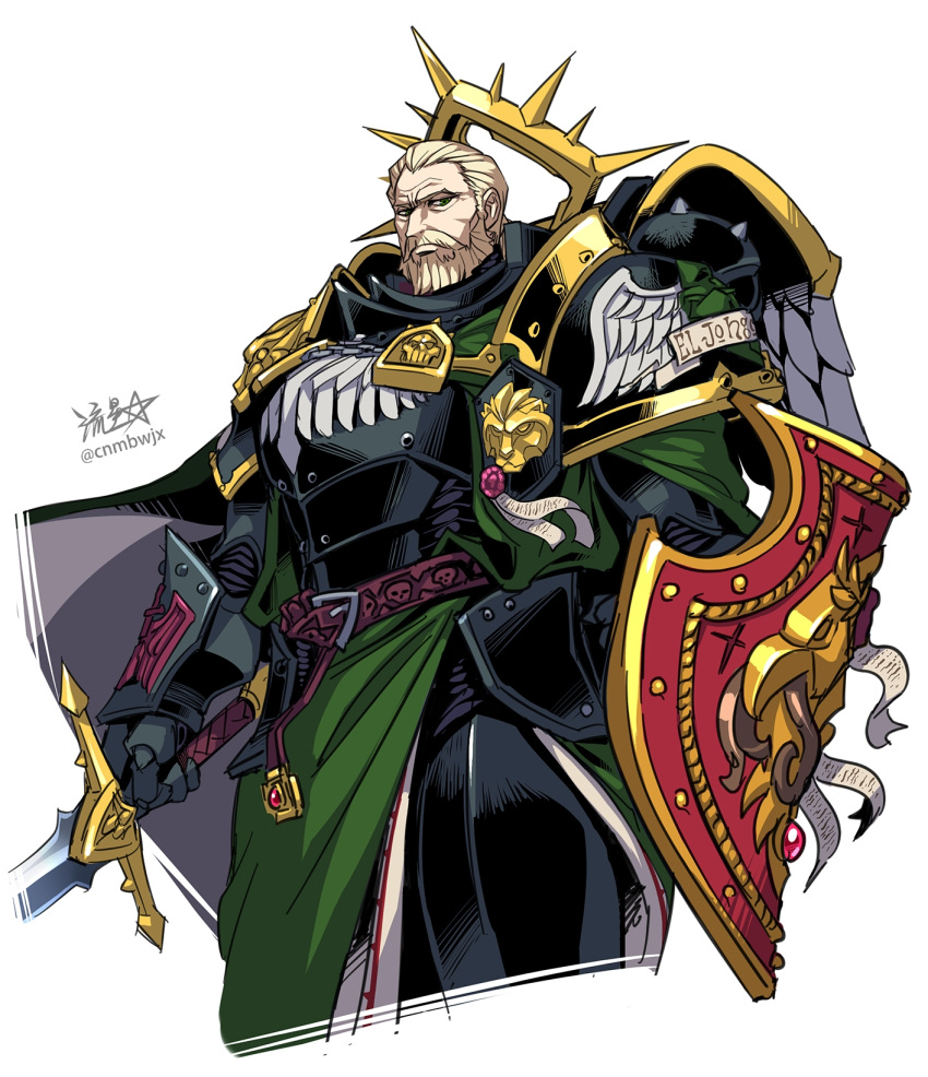 1boy adeptus_astartes armor beard belt black_armor blonde_hair breastplate closed_mouth dark_angels emperor's_shield facial_hair fealty_(weapon) gauntlets gold_trim green_eyes green_robe halo highres holding holding_sword holding_weapon lion_el'jonson looking_at_viewer looking_down pauldrons power_armor primarch robe ryuusei_(mark_ii) shield short_hair shoulder_armor signature skull solo sword warhammer_40k weapon white_background