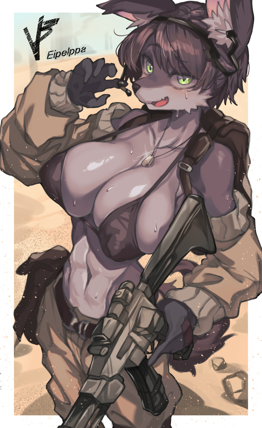 absurd_res anthro automatic_rifle black_body black_fur black_hair blush bodily_fluids breasts canid canine canis clothing female fur green_eyes hair hi_res holding_object holding_weapon iepelppa looking_at_viewer mammal military_uniform solo uniform weapon wolf