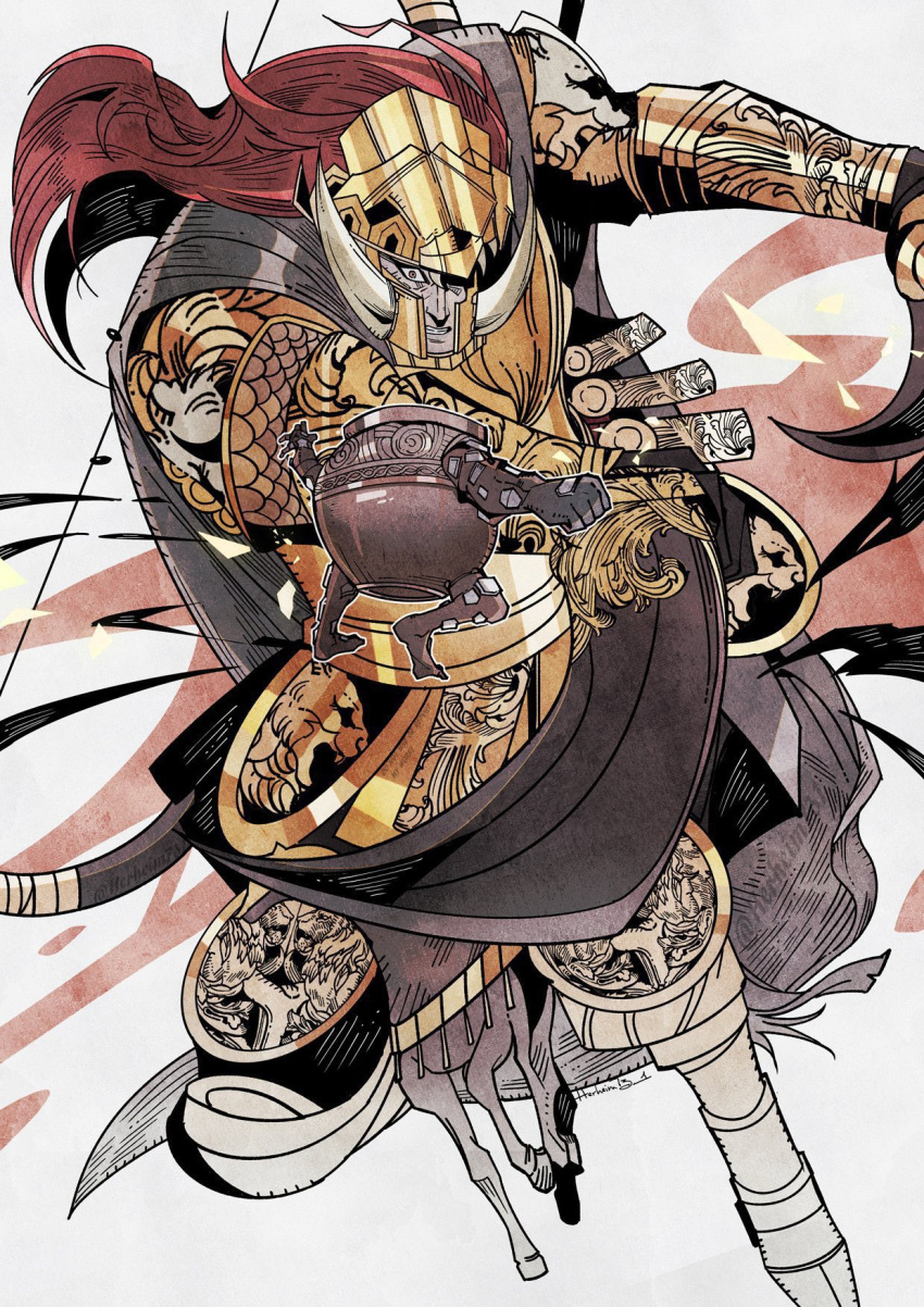 2boys armor bow_(weapon) denny626 dual_wielding elden_ring emaciated fake_horns giant giant_male gold_armor greatsword helmet highres holding holding_sword holding_weapon horned_helmet horns horseback_riding huge_weapon iron_fist_alexander jar leonard_(elden_ring) lion_print living_jar_(elden_ring) long_hair multiple_boys red_hair riding scale_armor simple_background starscourge_radahn sword teeth weapon white_background