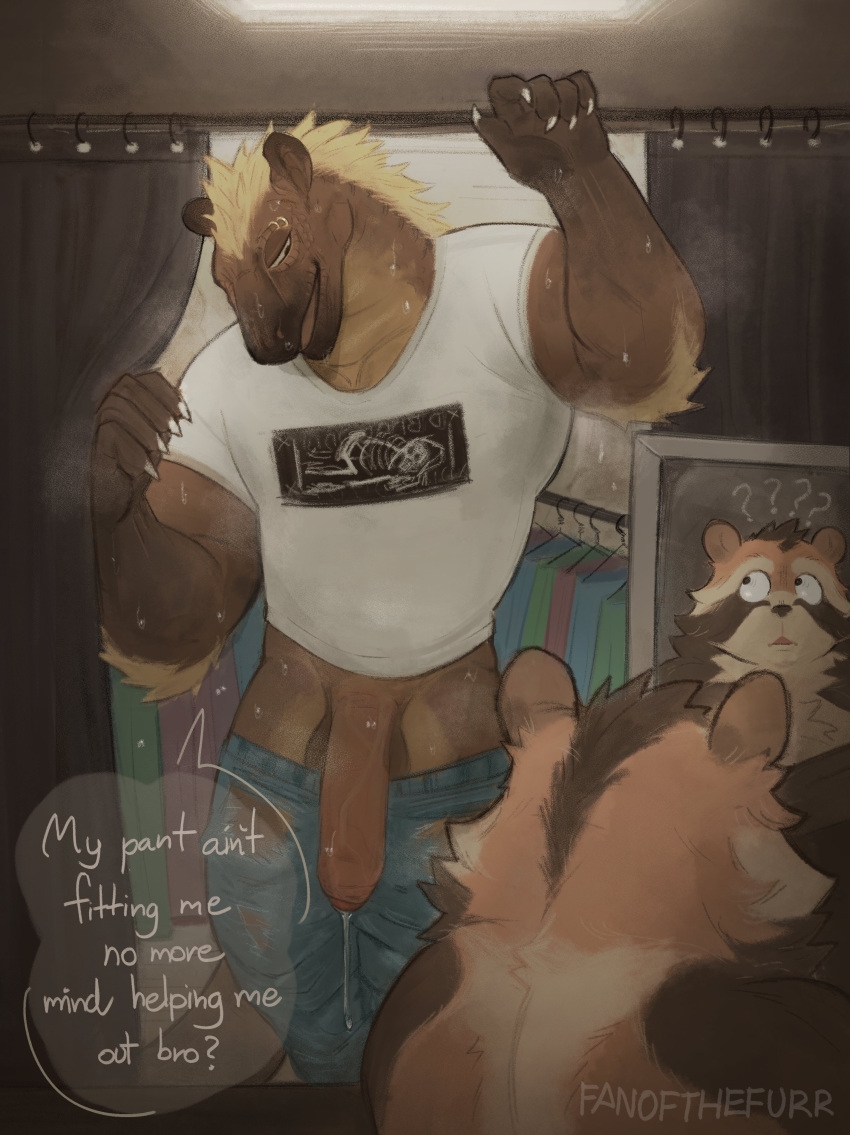 absurd_res anthro bodily_fluids canid canine clothing duo fanofthefurr genital_fluids hi_res male male/male mammal precum raccoon_dog speech_bubble sweat tanuki