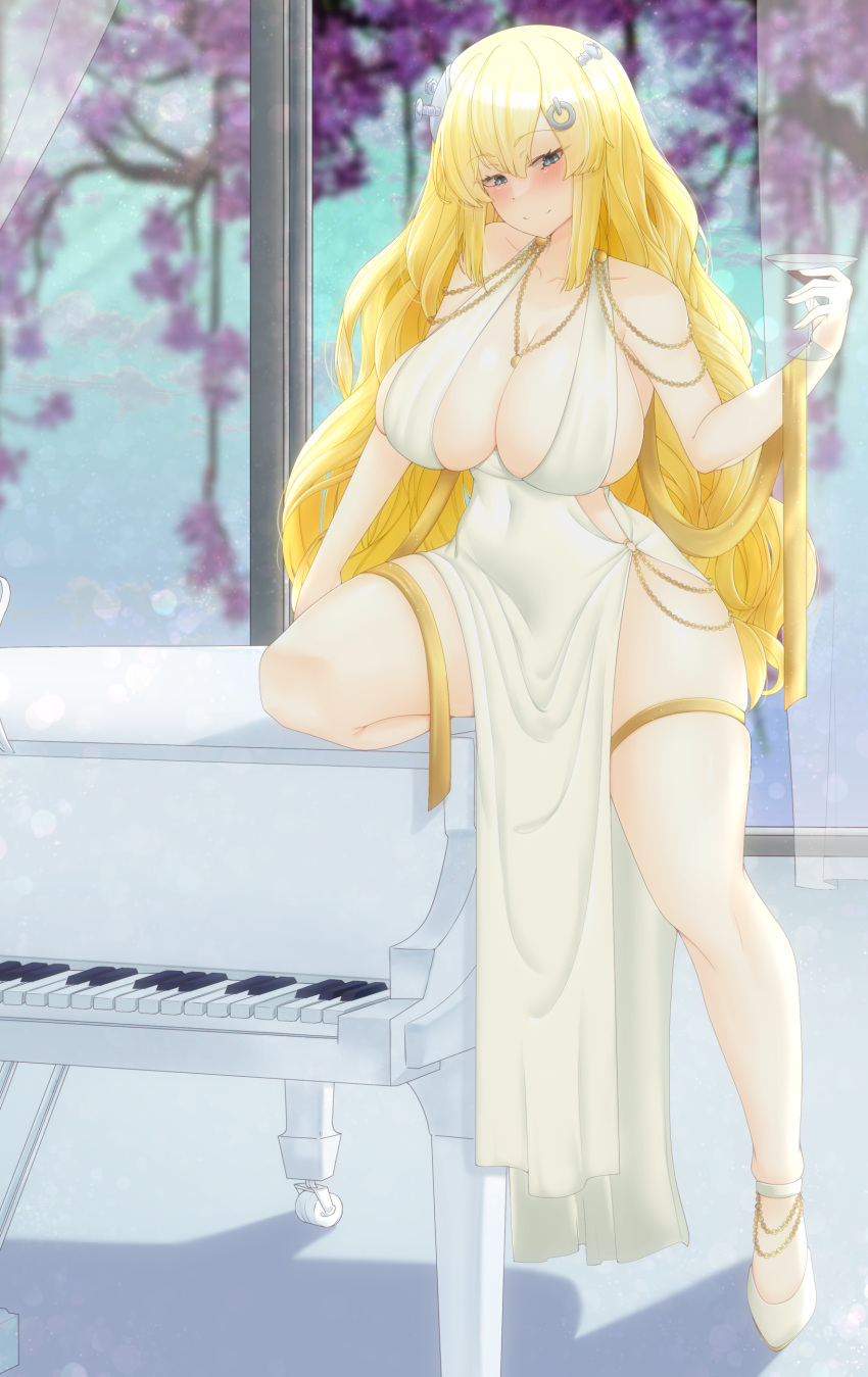 1girl absurdres alcohol bare_shoulders blonde_hair blue_eyes blush breasts cocktail_glass covered_navel cup curtains drinking_glass flower full_body gold hair_between_eyes head_tilt high_heels highres hime_hajime holding holding_cup instrument jewelry large_breasts long_hair necklace no_bra no_panties o-ring object_through_head on_one_knee peach-cup piano plunging_neckline screw_in_head shoes sideboob sideless_outfit skindentation smile solo thigh_strap very_long_hair virtual_youtuber vshojo white_footwear wisteria