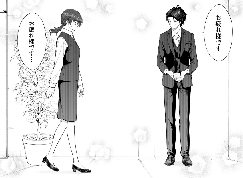 1boy 1girl ahoge buttons commentary_request full_body glasses greyscale highres holding holding_phone kanazawa_shinnosuke long_hair long_sleeves looking_at_another looking_down monochrome necktie no_socks original pants phone plant pocket ponytail potted_plant shirt short_hair skirt speech_bubble standing striped suit talking text_messaging translation_request vest walking