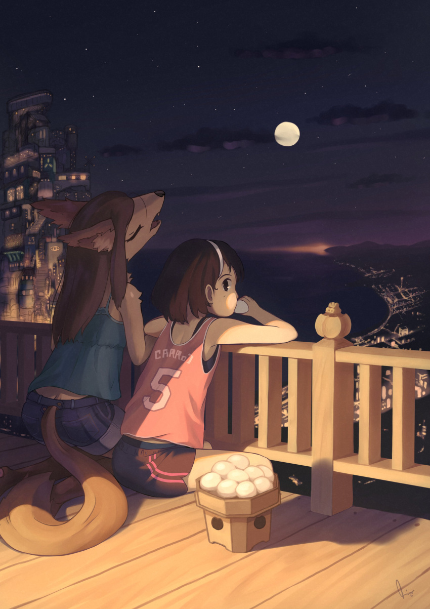 absurd_res accessory ambiguous_gender anthro balcony bay bottomwear canid canine canis city city_lights cityscape clothing cloud dango_(food) detailed_background duo eating eyes_closed female hair hair_accessory hairband halter_top hi_res howl howling_at_the_moon human kemono long_hair looking_at_viewer looking_back looking_back_at_viewer mammal moon nessysalmon night railing shadow shorts sky star starry_sky tsukimi wolf young