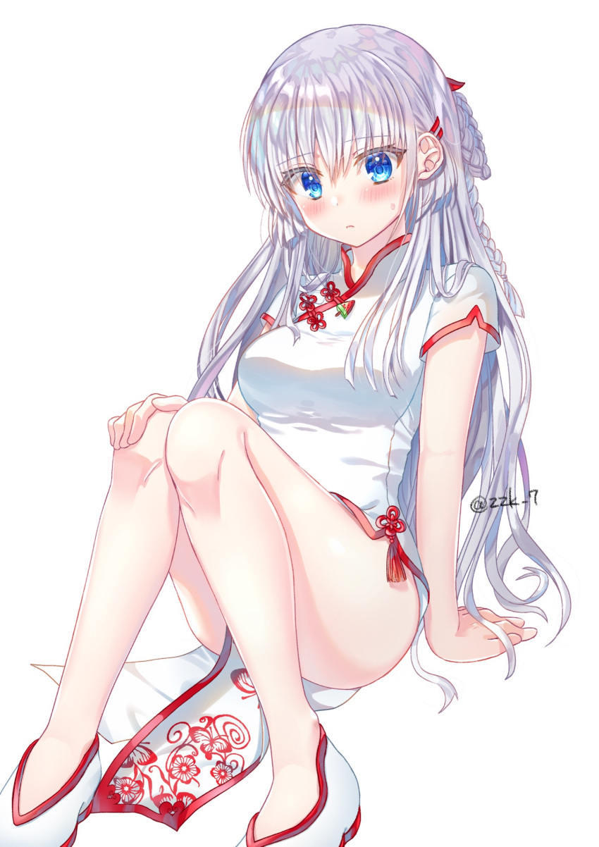 1girl arm_at_side arm_support blue_eyes blunt_ends blush braid breasts china_dress chinese_clothes closed_mouth commentary_request commission curvy dress eyelashes eyes_visible_through_hair feet_out_of_frame frown hair_between_eyes hair_ornament hairclip hand_on_own_thigh highres knees_together_feet_apart knees_up legs long_hair looking_at_viewer medium_breasts naruse_shiroha red_tassel short_sleeves shy sidelocks simple_background single_braid sitting skeb_commission solo summer_pockets sweatdrop thighs twitter_username very_long_hair white_background white_dress white_footwear white_hair zuzuhashi