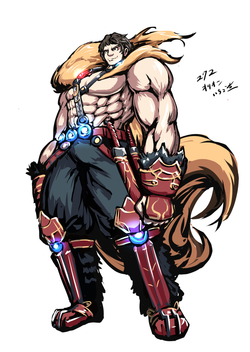 152_in_can abs absurdres bara brown_eyes brown_hair fate/grand_order fate_(series) gauntlets highres looking_ahead male_focus muscular muscular_male pectorals smile solo super_orion_(fate) topless_male translation_request white_background