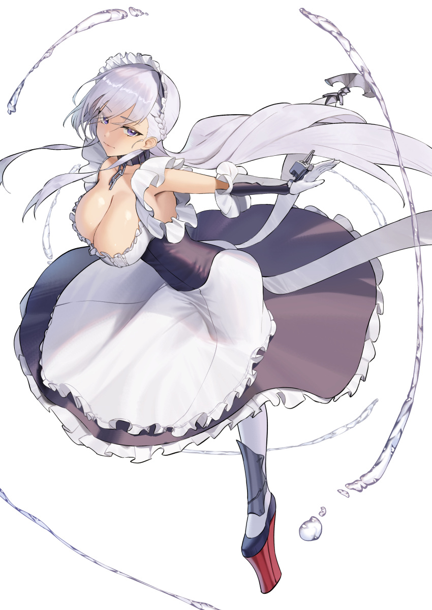 1girl absurdres azur_lane bangs belfast_(azur_lane) black_dress black_gloves breasts chain cleavage closed_mouth collar dress elbow_gloves gloves hair_between_eyes high_heels highres large_breasts long_hair long_legs long_skirt looking_at_viewer lordol maid maid_headdress purple_eyes skirt sleeveless solo standing two-tone_dress two-tone_gloves very_long_hair white_background white_dress white_gloves