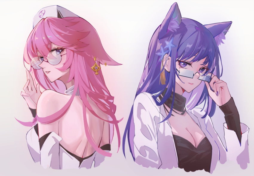 2girls animal_ear_fluff animal_ears breasts cleavage closed_mouth doctor earrings fingernails fox_ears fox_girl from_behind genshin_impact glasses gradient_background hair_between_eyes hat jacket jewelry long_hair long_sleeves looking_at_viewer lusfseeds mole mole_under_eye multiple_girls nail_polish nurse nurse_cap parted_lips pink_hair purple_eyes purple_hair purple_nails raiden_shogun sidelocks simple_background upper_body white_jacket yae_miko