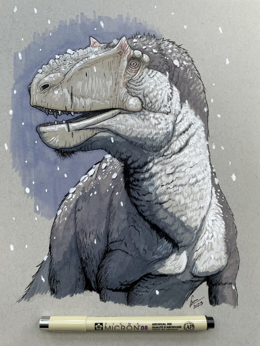 2023 ambiguous_gender bust_portrait dinosaur feathered_dinosaur feathers feral grey_body grey_feathers hi_res horn looking_away marker_(artwork) open_mouth portrait reptile restricted_palette scalie scar serpenillus sharp_teeth simple_background snow snowing solo teeth theropod traditional_media_(artwork) tyrannosauroid white_body white_feathers yutyrannus