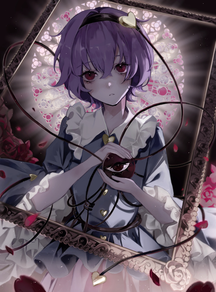 1girl absurdres black_hairband blue_shirt blush collared_shirt eyeball frilled_shirt_collar frilled_sleeves frills hair_between_eyes hair_ornament hairband hanaya_(fleur) heart heart_hair_ornament highres komeiji_satori long_sleeves looking_at_viewer open_mouth pink_skirt purple_hair red_eyes shirt short_hair skirt solo third_eye touhou wide_sleeves