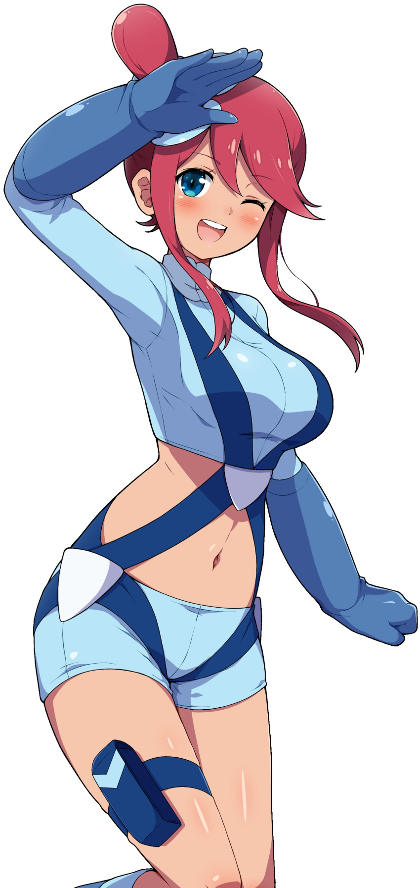 1girl ;d absurdres arm_up blue_eyes blue_gloves blue_jacket blue_shorts blush breasts commentary_request cropped_jacket eggman_(pixiv28975023) gloves hair_ornament highres jacket midriff navel one_eye_closed one_side_up open_mouth pokemon pokemon_(game) pokemon_bw red_hair short_hair_with_long_locks short_shorts shorts sidelocks skyla_(pokemon) smile solo teeth thigh_pouch tongue turtleneck upper_teeth_only