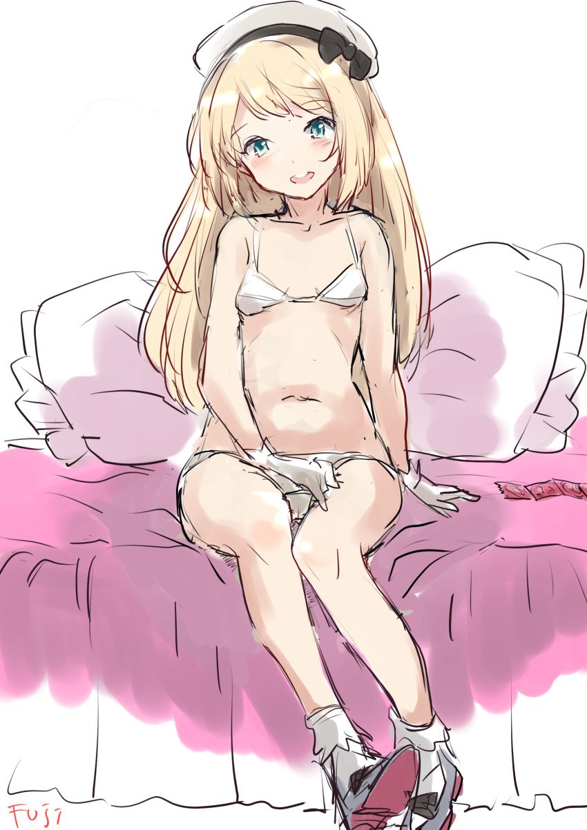 1girl bed blonde_hair blue_eyes bra breasts condom condom_wrapper fuji_(pixiv24804665) gloves hat highres jervis_(kancolle) kantai_collection long_hair looking_at_viewer mary_janes open_mouth panties pillow round_teeth sailor_hat shoes simple_background sitting small_breasts smile socks solo teeth underwear underwear_only upper_teeth_only white_background white_bra white_headwear white_panties white_socks