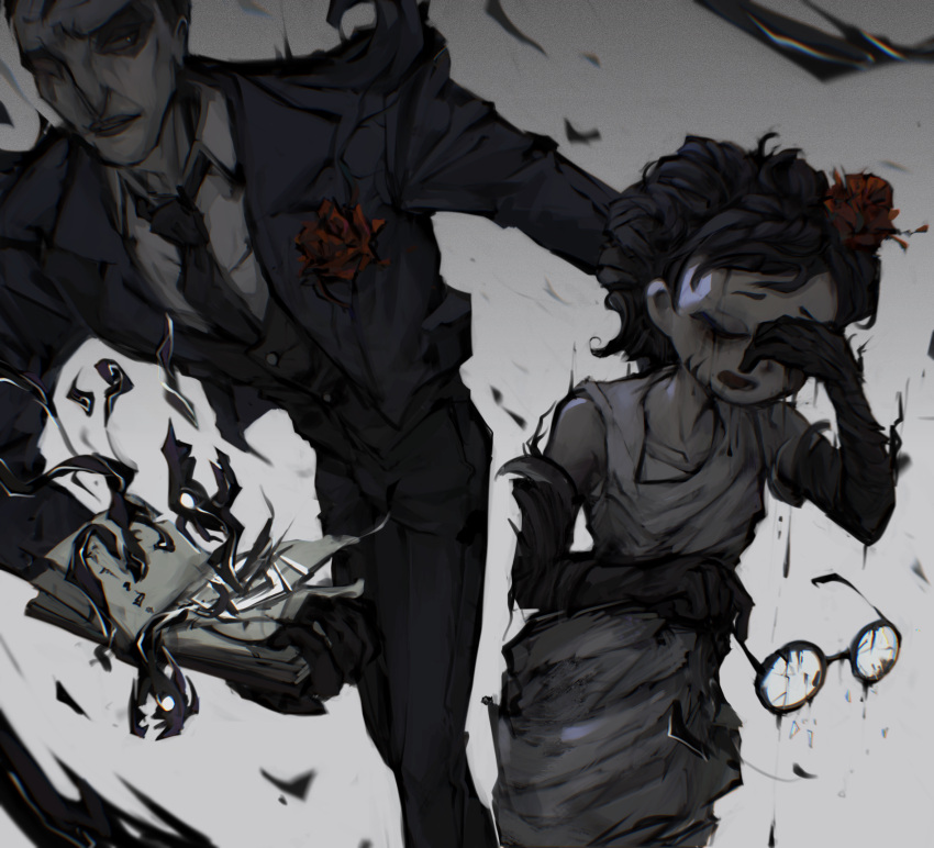 1boy 1girl bare_shoulders black_hair black_necktie book broken_eyewear charlie_(don't_starve) collared_shirt comforting crying don't_starve dress elbow_gloves eyewear_removed feet_out_of_frame flower formal glasses gloves grey_background hair_flower hair_ornament highres holding holding_book holding_eyewear jacket long_sleeves looking_at_another magic maxwell_(don't_starve) mocha45192 monster motion_blur necktie pants red_flower runny_makeup sad shirt short_hair sideways_glance simple_background suit tears through_screen vest white_dress wiping_tears