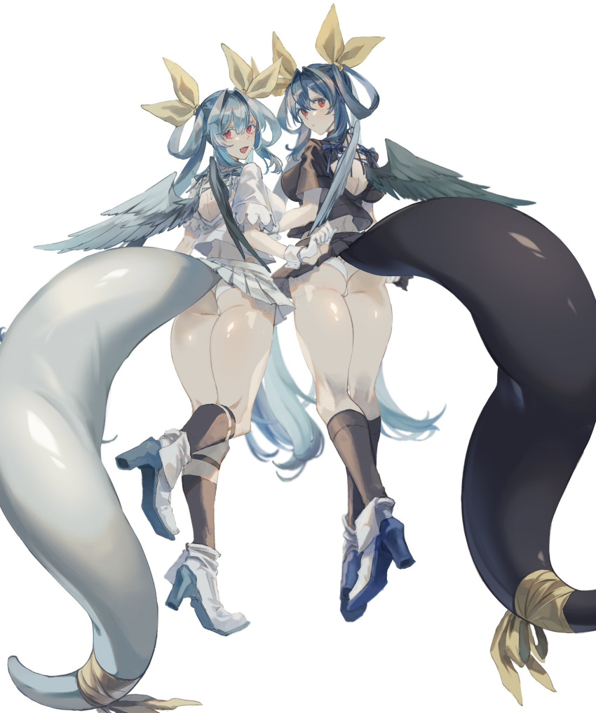 2girls alternate_color angel_wings ass asymmetrical_wings back blue_bow blue_hair bow butt_crack crop_top dizzy_(guilty_gear) dual_persona floating from_behind full_body gloves guilty_gear hair_between_eyes hair_rings high_heels highres large_tail long_hair looking_at_viewer looking_back monster_girl multiple_girls oeillet_vie open_mouth panties pleated_skirt red_eyes short_sleeves sidelocks simple_background single_wing skirt tail thick_thighs thighs twintails twitter_username underwear upskirt white_background white_gloves white_panties wings wrist_cuffs