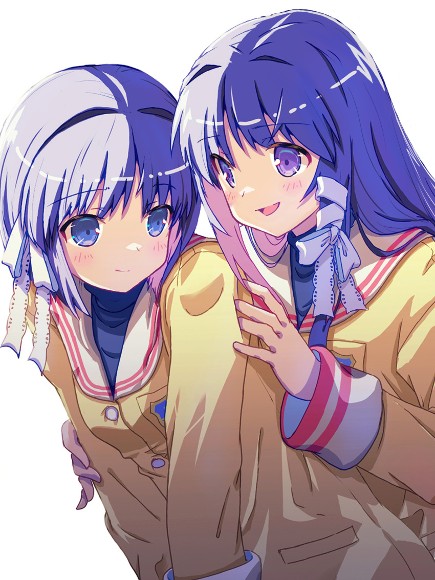 2girls akayama_yukihe blue_eyes blue_shirt clannad fujibayashi_kyou fujibayashi_ryou hair_intakes hair_ribbon highres hikarizaka_private_high_school_uniform jacket long_hair multiple_girls purple_eyes purple_hair ribbon sailor_collar school_uniform serafuku shirt short_hair siblings simple_background sisters turtleneck twins undershirt upper_body white_background white_sailor_collar yellow_jacket