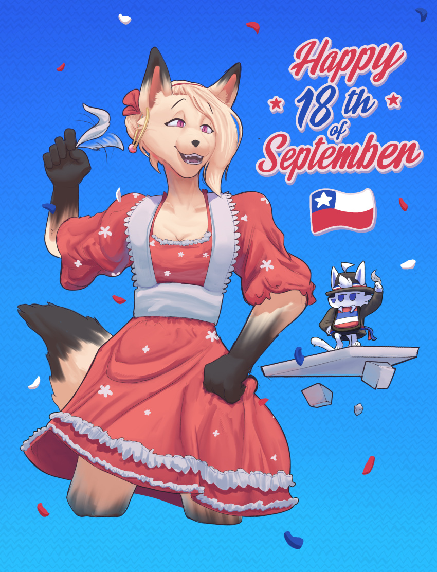 absurd_res anthro canid chilean_flag clothed clothing dress duo female front_view fur hair hi_res male mammal open_mouth open_smile orange_body orange_fur orange_hair pattern_background pink_eyes red_clothing red_dress rz54 simple_background size_difference smile white_body white_fur