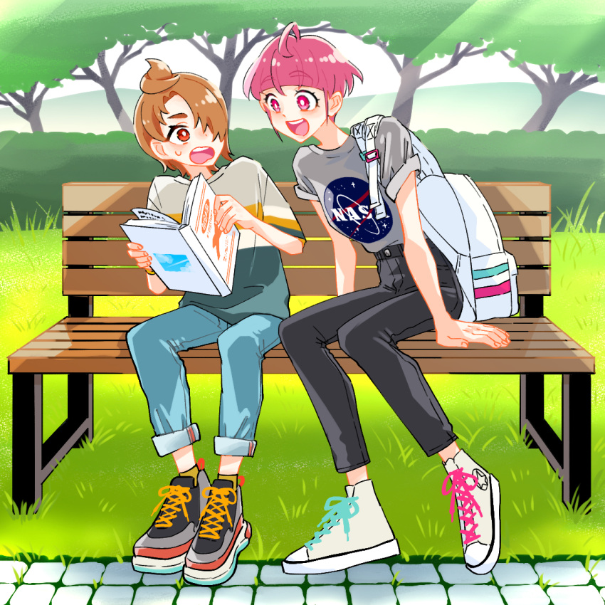 1boy 1girl aged_up ahoge backpack bag bench black_pants blue_pants blue_shirt blunt_bangs book bright_pupils capri_pants commentary day denim frown grass grey_footwear grey_shirt hair_over_one_eye hirogaru_sky!_precure holding holding_book hoshina_hikaru in-franchise_crossover jeans leaning_to_the_side monster_rally nasa_logo official_alternate_hair_length official_alternate_hairstyle on_bench open_mouth orange_hair outdoors pants park_bench pink_eyes pink_hair precure red_eyes series_connection shirt shoelaces shoes short_hair short_sleeves sitting smile sneakers star_twinkle_precure sunlight sweatdrop t-shirt tree white_footwear white_pupils yuunagi_tsubasa