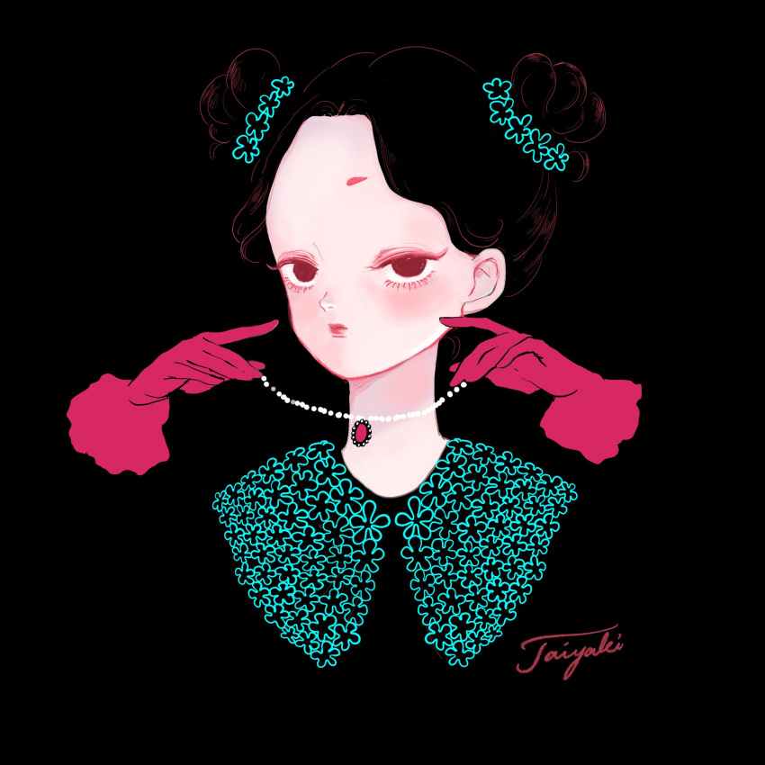 black_background blending blush double_bun expressionless gloves hair_bun highres holding holding_jewelry holding_necklace jewelry necklace original outline portrait red_eyes red_gloves red_outline signature simple_background umauma_taiyaki