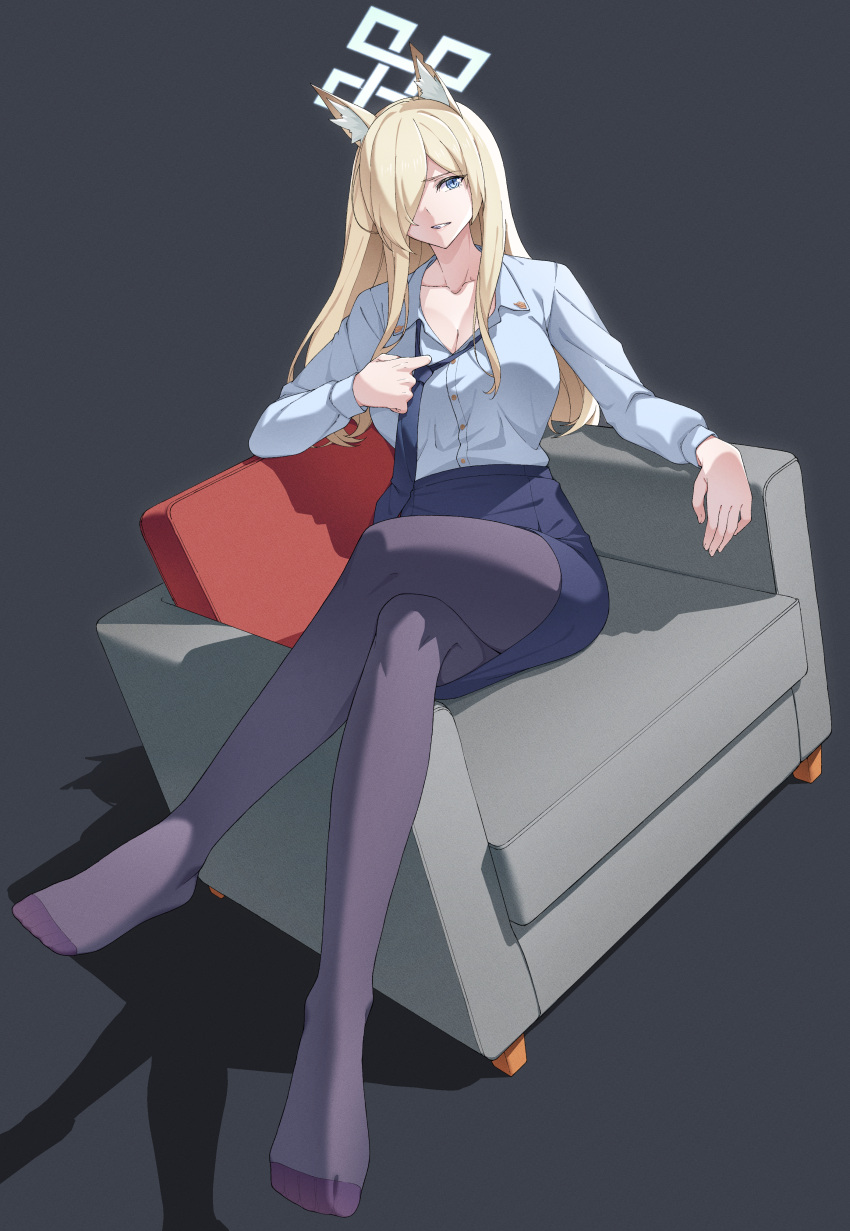 1girl absurdres adjusting_clothes adjusting_necktie animal_ear_fluff animal_ears armchair black_necktie black_pantyhose black_skirt blue_archive blue_eyes breasts chair cleavage collarbone collared_shirt commentary couch crossed_legs dog_ears dog_girl english_commentary hair_over_one_eye halo highres kanna_(blue_archive) light_brown_hair long_bangs long_hair long_sleeves looking_at_viewer mzrz necktie on_couch pantyhose pencil_skirt police police_uniform policewoman shirt sidelocks simple_background sitting skirt solo uniform