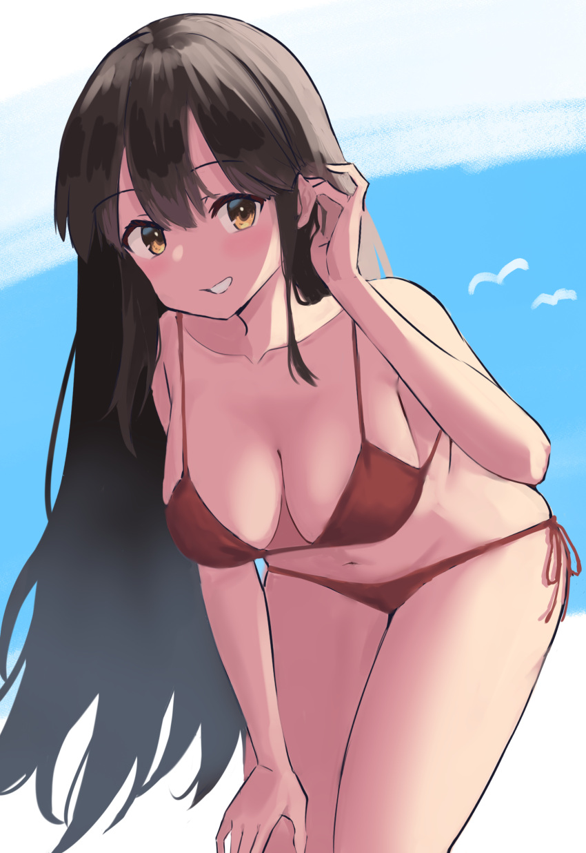 1girl :d absurdres akagi_(kancolle) alternate_costume bikini bird bra breasts brown_eyes brown_hair cloud front-tie_top hair_between_eyes highres kantai_collection lanthan long_hair medium_breasts open_mouth red_bikini red_bra sky smile standing swimsuit underwear