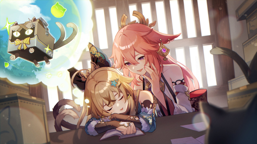 2girls absurdres animal_ears bare_shoulders blonde_hair cat_ears cat_tail closed_eyes commentary detached_sleeves fox_ears highres indoors kino_(m6t2a) kirara_(genshin_impact) long_hair long_sleeves multiple_girls pink_hair purple_eyes second-party_source tail yae_miko