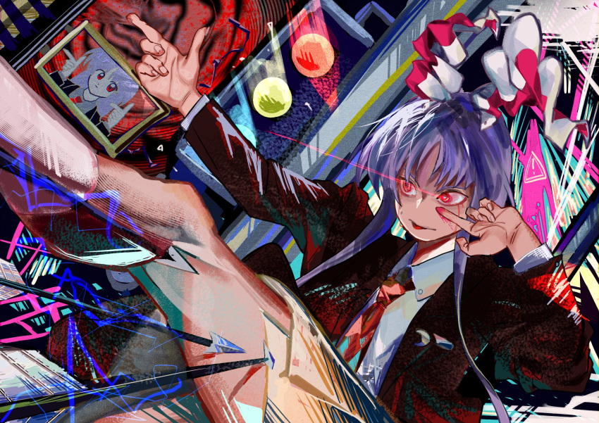 1girl abstract_background animal_ears black_jacket blood blood_from_eyes brown_skirt collared_shirt commentary_request distortion eye_trail feet_out_of_frame finger_gun highres jacket legs light_trail long_hair long_sleeves looking_afar necktie open_mouth purple_hair rabbit_ears rabbit_girl red_eyes red_necktie reisen_udongein_inaba shirt sidelocks sign skirt socks solo tongue tongue_out touhou traffic_light warning_sign white_shirt white_socks yukine_0930