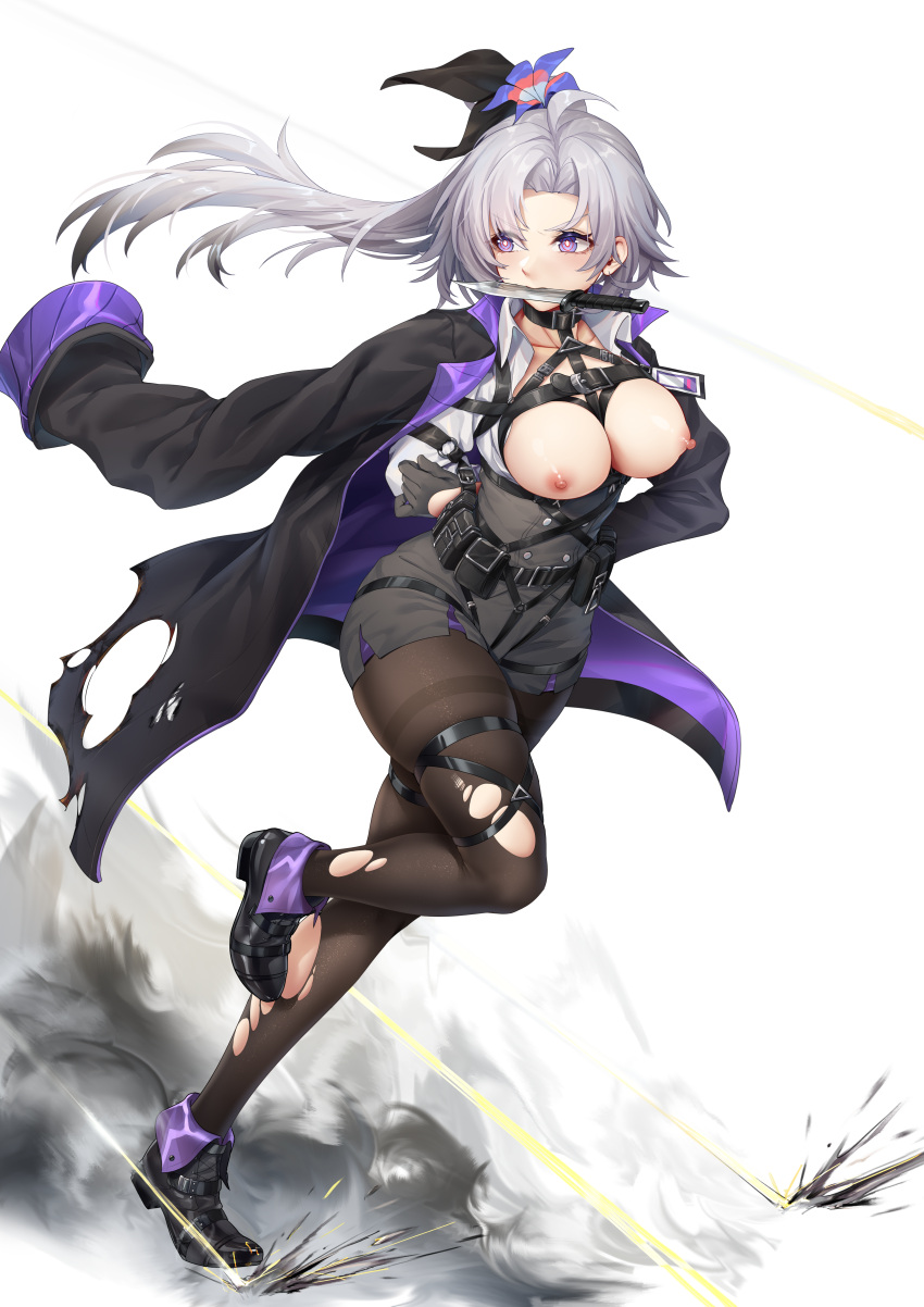 1girl absurdres ahoge apc9k_(girls'_frontline) bdsm black_pantyhose bondage bound breasts breasts_out cleavage commission flower full_body gag girls'_frontline grey_hair hair_flower hair_ornament harness highres jacket jacket_on_shoulders knife_in_mouth long_hair mouth_hold nipples pantyhose ray_(pixiv9514208) restrained running second-party_source smoke solo thighband_pantyhose torn_clothes torn_jacket torn_pantyhose