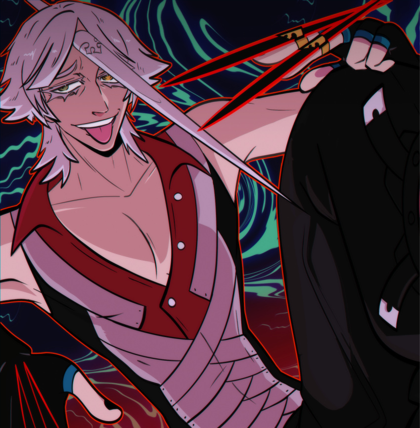 1boy fingerless_gloves gloves guilty_gear guilty_gear_xrd hand_up heterochromia highres horns looking_at_viewer multicolored_background raven_(guilty_gear) shirt single_horn sleeveless sleeveless_shirt smile solo_focus tongue tongue_out white_hair
