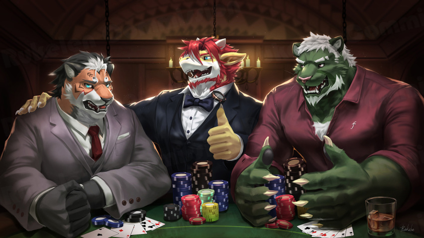 2022 ace_of_spades alcohol angry anthro beard beverage black_bow_tie black_clothing black_hair black_suit blue_eyes brown_eyes candle card casino chandelier chest_tuft claws clothing clubs_(suit) container cup diamonds_(suit) dragon dress_shirt facial_hair facial_markings felid finger_claws fist fur gambling gesture green_body green_fur grey_clothing grey_suit hair hand_on_shoulder head_markings hearts_(suit) hi_res horn ice_cube male mammal markings moner necktie orange_body orange_fur pantherine playing_card poker poker_chip poker_table red_clothing red_hair red_necktie red_shirt red_topwear rukelen scales scalie shirt signature solo spades_(suit) suit suit_symbol thumbs_up tiger topwear tuez_(sollyz) tuft upset wediz_(sollyz) whiskers whiskey white_clothing white_hair white_shirt white_topwear yellow_body yellow_scales