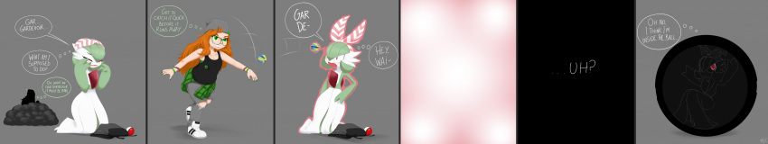 absurd_res after_transformation anthro bow_ribbon clothed clothing colored comic determined dialogue duo english_text female gardevoir generation_3_pokemon green_body green_eyes green_hair hair hi_res human in_pokeball long_hair long_image mammal mentalcrash nintendo orange_hair pokeball pokemon pokemon_(species) quick_ball red_eyes sad speech_bubble spikes spikes_(anatomy) surprised_expression text thought_bubble trapped white_body wide_image