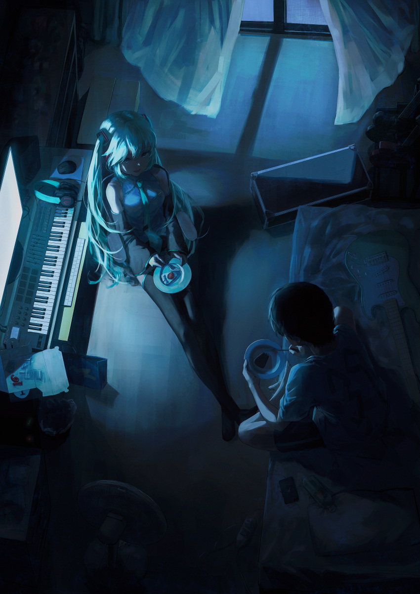 1boy 1girl 39 absurdres aqua_hair aqua_necktie bag barefoot black_hair black_thighhighs box cake charger charging_device collared_shirt commentary crate curtains dark desk detached_sleeves electric_fan food fork from_above grey_shirt guitar hair_between_eyes hatsune_miku headphones headset highres holding holding_fork holding_plate indoors instrument keyboard_(instrument) long_hair looking_at_another monitor mouse_(computer) necktie night no_shoes on_bed on_chair open_mouth pillow plate power_strip screen_light shelf shirt shopping_bag short_sleeves shorts sidelocks sitting sleeveless sleeveless_shirt sleeves_past_wrists smile speaker t-shirt talking thighhighs tokaki trash_can twintails very_long_hair vocaloid wide_shot wide_sleeves window wireless_mouse