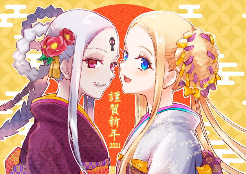 2021 2girls abigail_williams_(fate) abigail_williams_(third_ascension)_(fate) blonde_hair blue_eyes bow colored_skin dual_persona fate/grand_order fate_(series) flower forehead grey_hair grey_kimono grey_skin grin hair_bow hair_bun hair_flower hair_ornament hair_rings happy_new_year japanese_clothes keyhole kimono long_hair multiple_girls nengajou new_year obi open_mouth panco_neco parted_bangs pink_eyes procreate_(medium) purple_kimono sash sharp_teeth smile tassel teeth third_eye upper_body